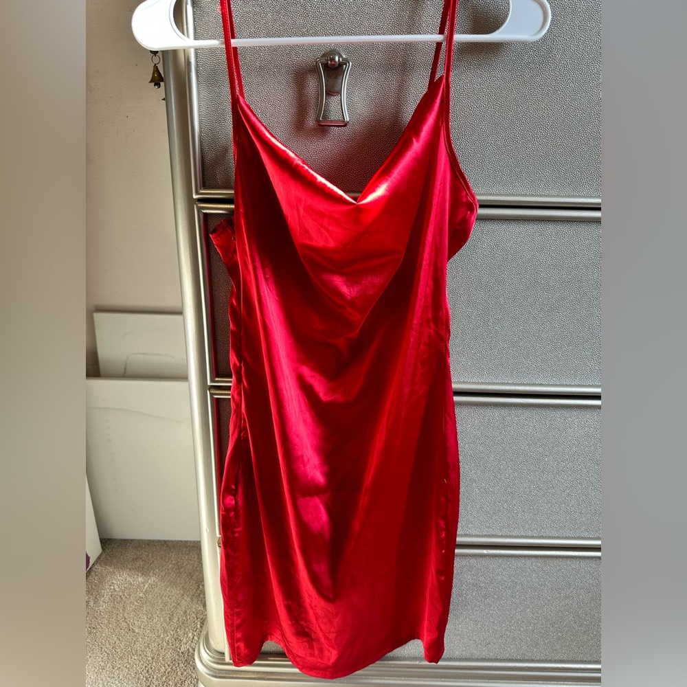 draped satin red slip dress